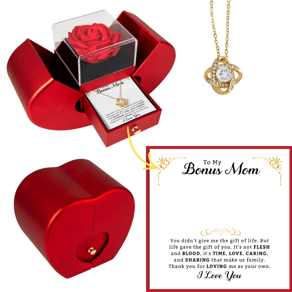 To My Bonus Mom - Love Knot Necklace with Red Heart Rose Box - Stepmom Gifts From Son or Daughter