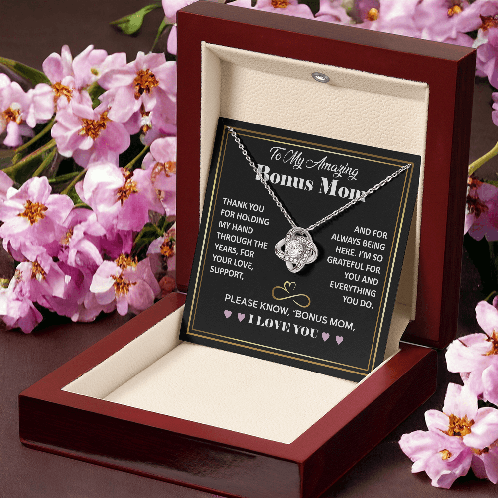 To My Bonus Mom Mothers Day Gifts, Bonus Mom Gifts from Daughter - Elegant Love Knot Necklace, Bonus Mom Jewellery Gifts