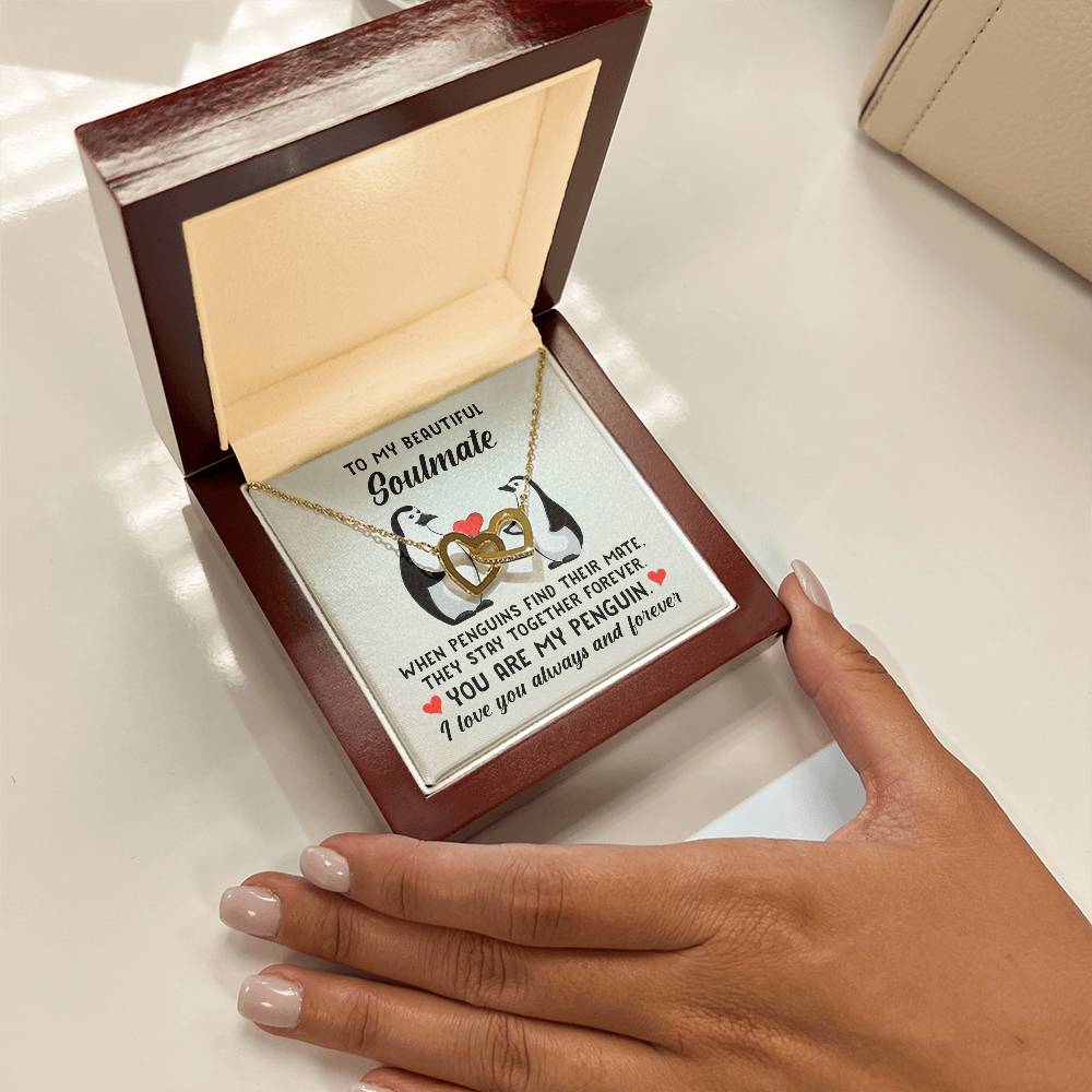 To My Soulmate You are my penguin Interlocked Heart Necklace 14k White or 18K Yellow Gold