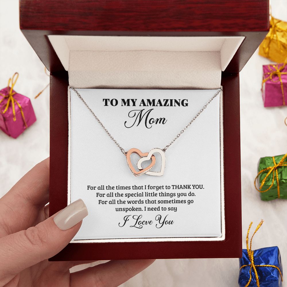 To My Mom Tiffany Interlocking Heart Necklace Polished Stainless Steel or Rose Gold Finish