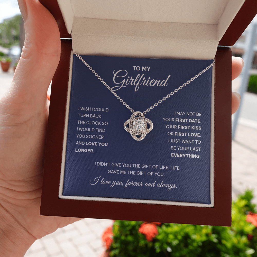 To My Girlfriend Eternal Love Knot Heart Necklace Message Card Mahogany Style Luxury Box