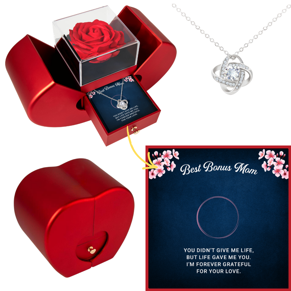 Stepmom Love Knot Necklace with Heart Rose Box - Best Christmas Gifts for Bonus Mom