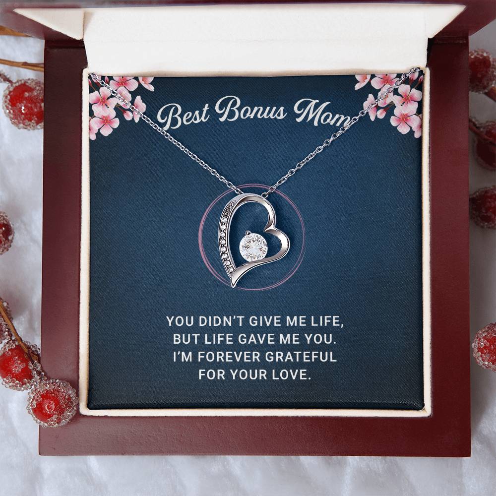 Best Bonus Mom Necklace, Heart Jewelry Gift for Mom, Sterling Silver Love Pendant, Heartfelt Birthday & Christmas Gift from Daughter