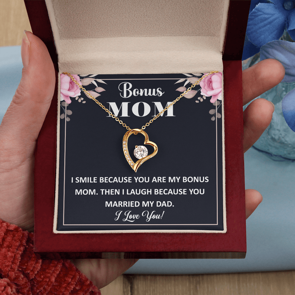 Bonus Mom Forever Love Necklace – Sterling Golden with Engraved Message