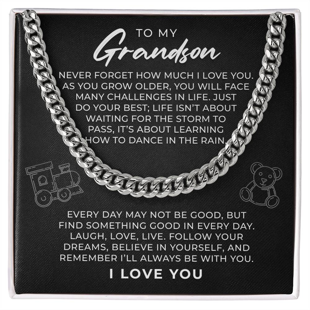 To My Grandson Necklace From Grandma, Cuban Link Chain, Grandson Gift From Grandpa, Sentimental Message Card, Unique Birthday Graduation Christmas Gift for Grandson