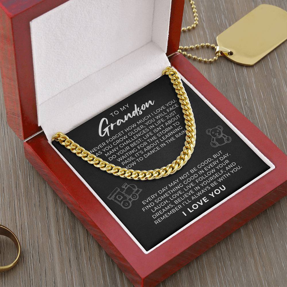 To My Grandson Necklace From Grandma, Cuban Link Chain, Grandson Gift From Grandpa, Sentimental Message Card, Unique Birthday Graduation Christmas Gift for Grandson