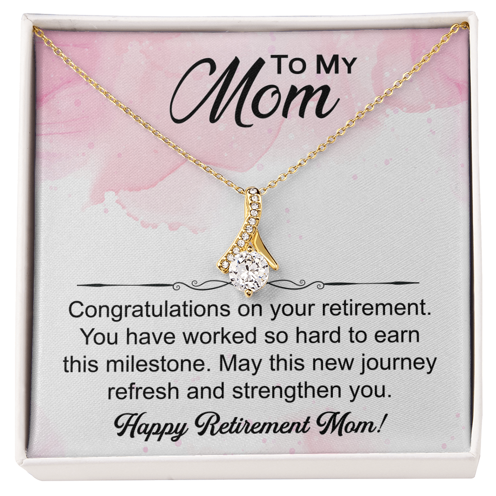 Love Knot necklace in a box with a heartfelt "Mom's Retirement" message, symbolizing love, gratitude, and new beginnings
