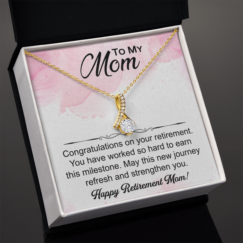 Love Knot necklace in a box with a heartfelt "Mom's Retirement" message, symbolizing love, gratitude, and new beginnings