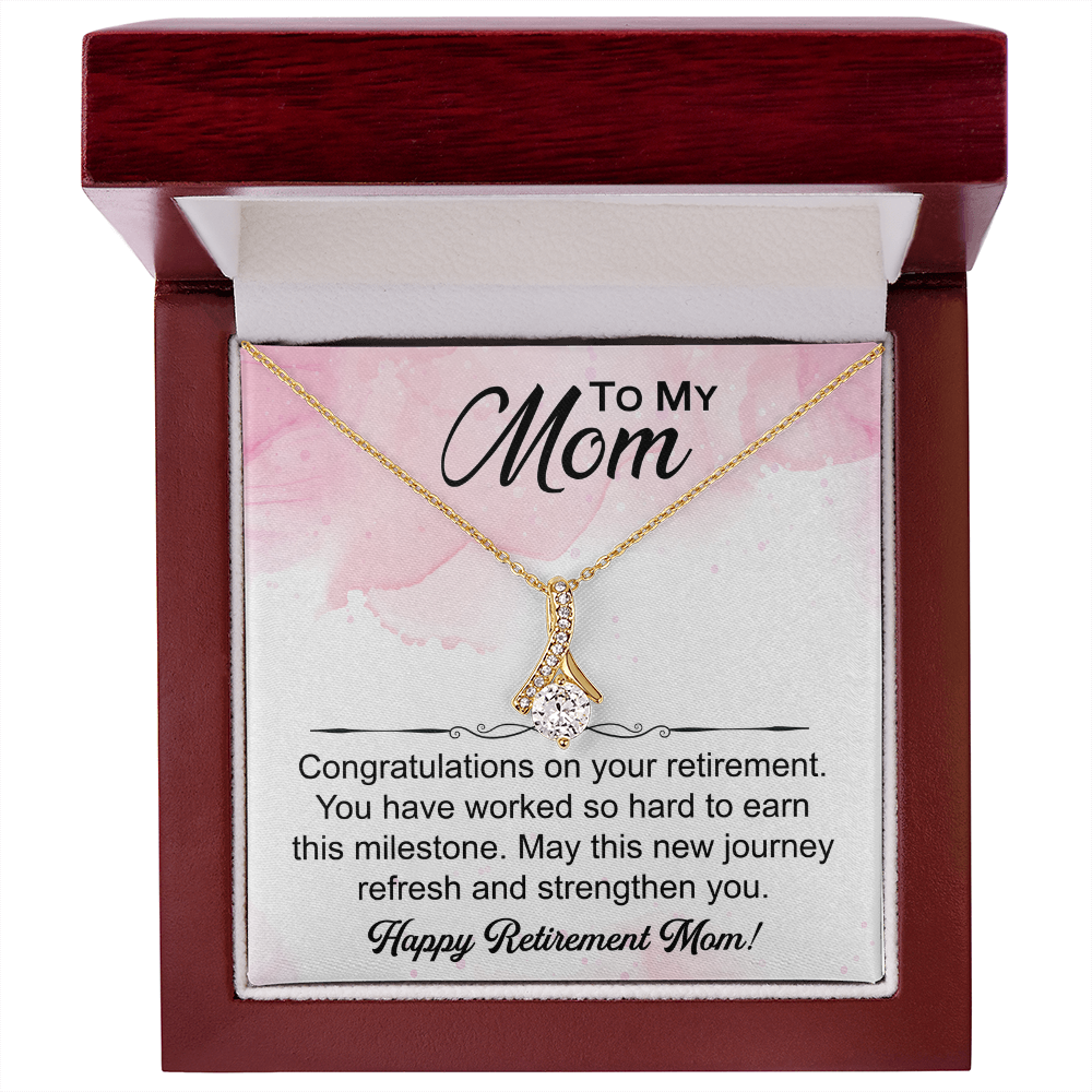 Love Knot necklace in a box with a heartfelt "Mom's Retirement" message, symbolizing love, gratitude, and new beginnings