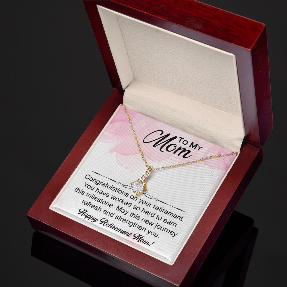 Love Knot necklace in a box with a heartfelt "Mom's Retirement" message, symbolizing love, gratitude, and new beginnings