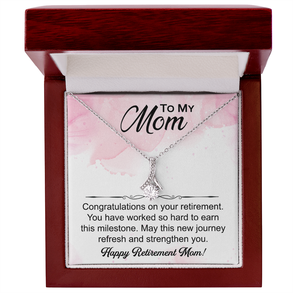 Love Knot necklace in a box with a heartfelt "Mom's Retirement" message, symbolizing love, gratitude, and new beginnings