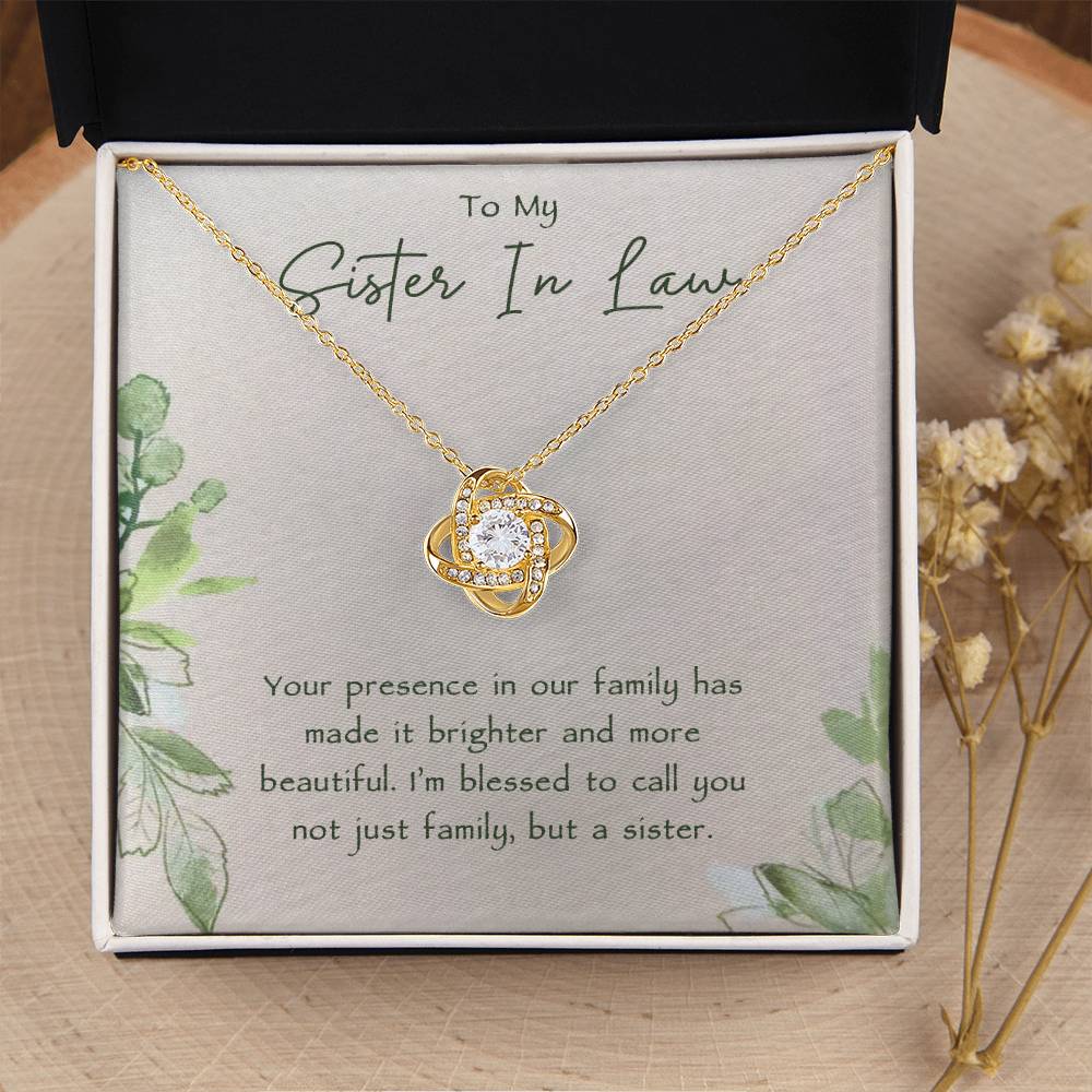 Sister-in-Law Gift, Celebrate your bond with the elegant Love Knot Necklace, featuring CZ crystals and a white gold or yellow gold finish. Perfect for birthdays, weddings, or Christmas.