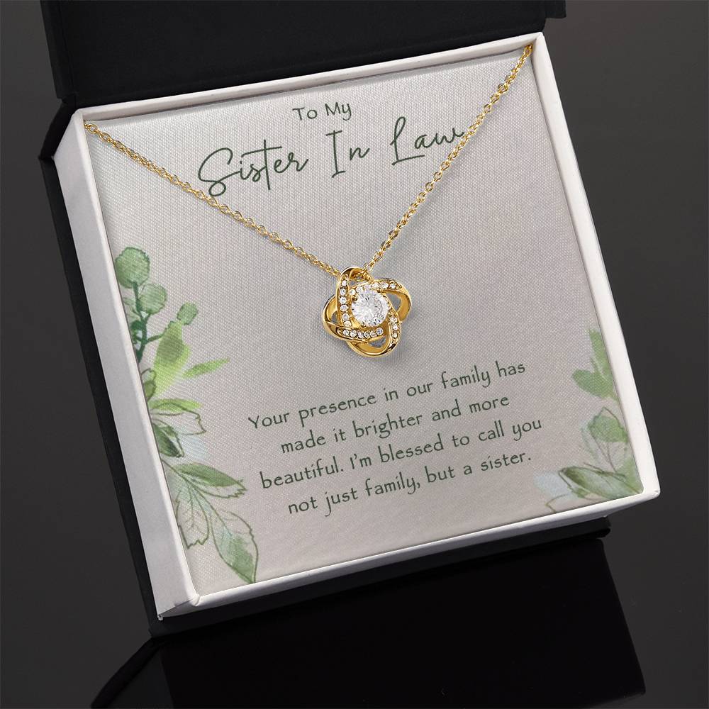 Sister-in-Law Gift, Celebrate your bond with the elegant Love Knot Necklace, featuring CZ crystals and a white gold or yellow gold finish. Perfect for birthdays, weddings, or Christmas.