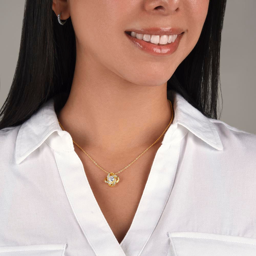 Sister-in-Law Gift, Celebrate your bond with the elegant Love Knot Necklace, featuring CZ crystals and a white gold or yellow gold finish. Perfect for birthdays, weddings, or Christmas.