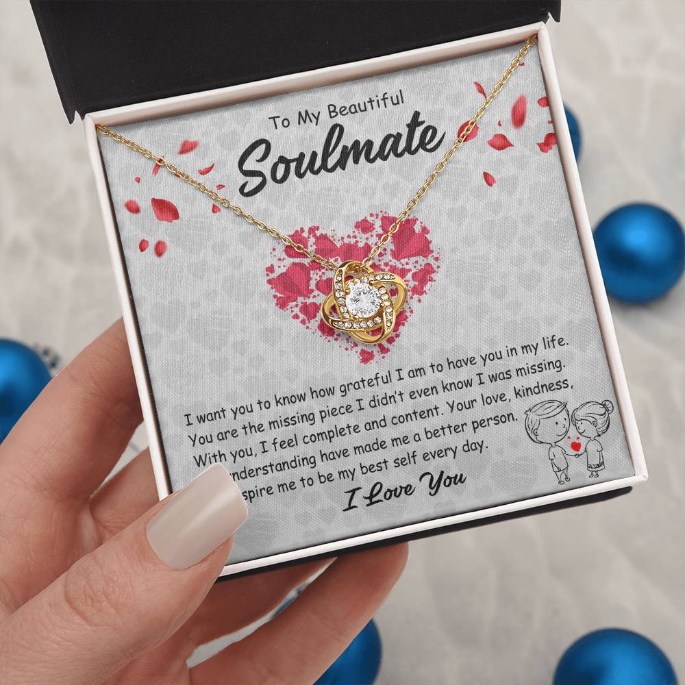 To My Soulmate Necklace for Women - Anniversary Romantic Gift for Girlfriend or Wife - Love Knot Stainless Steel Necklace with Message Card and Gift Box