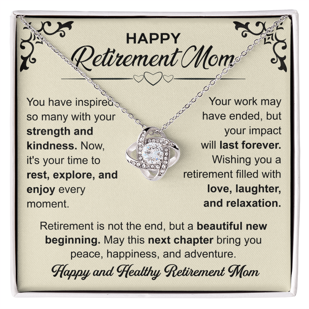 Love Knot necklace in a box with a heartfelt "Mom's Retirement" message, symbolizing love, gratitude, and new beginnings