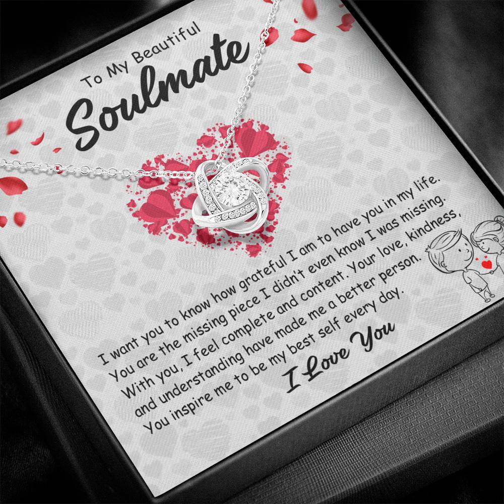 To My Soulmate Necklace for Women - Anniversary Romantic Gift for Girlfriend or Wife - Love Knot Stainless Steel Necklace with Message Card and Gift Box