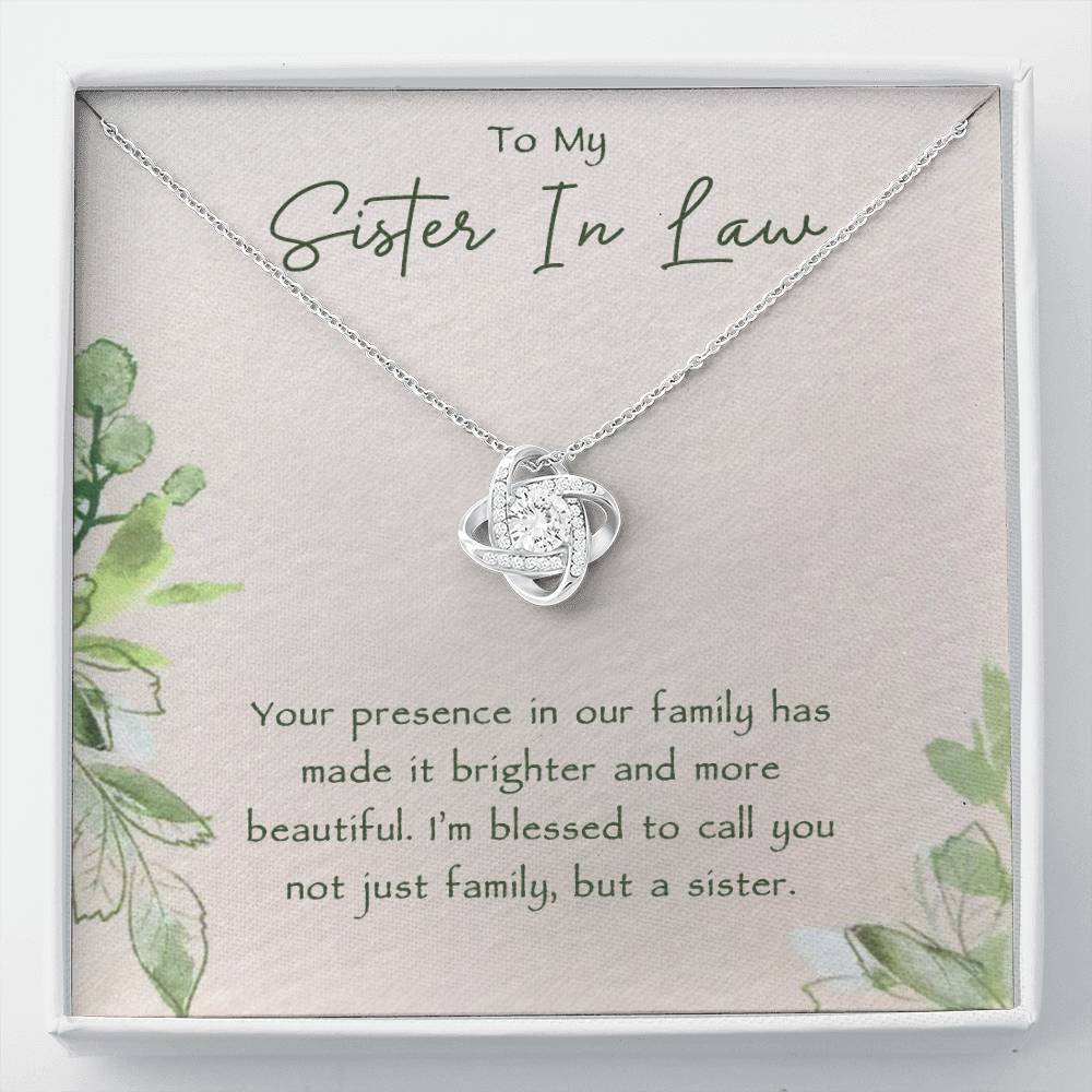 Sister-in-Law Gift, Celebrate your bond with the elegant Love Knot Necklace, featuring CZ crystals and a white gold or yellow gold finish. Perfect for birthdays, weddings, or Christmas.