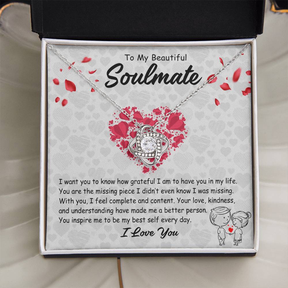 To My Soulmate Necklace for Women - Anniversary Romantic Gift for Girlfriend or Wife - Love Knot Stainless Steel Necklace with Message Card and Gift Box