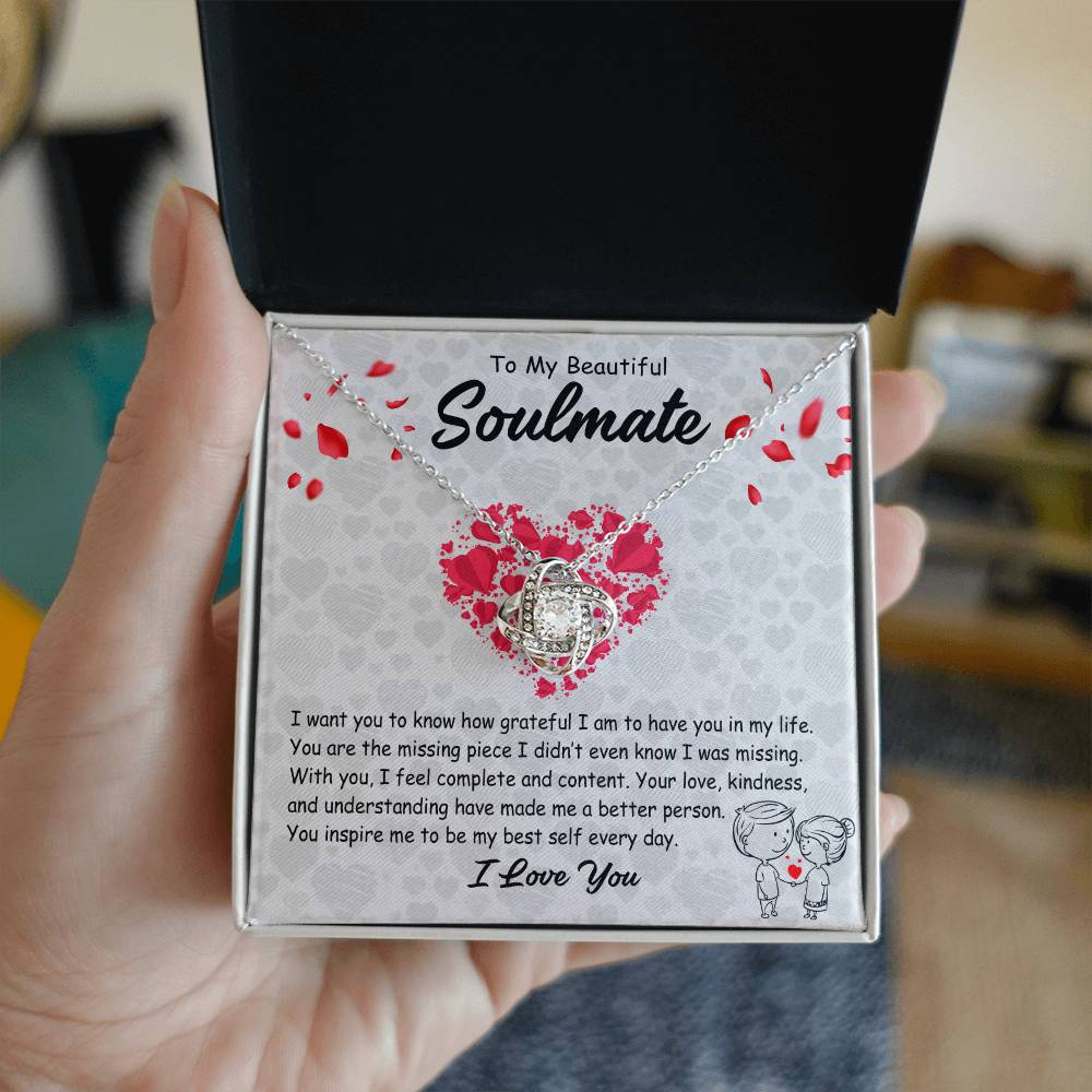 To My Soulmate Necklace for Women - Anniversary Romantic Gift for Girlfriend or Wife - Love Knot Stainless Steel Necklace with Message Card and Gift Box