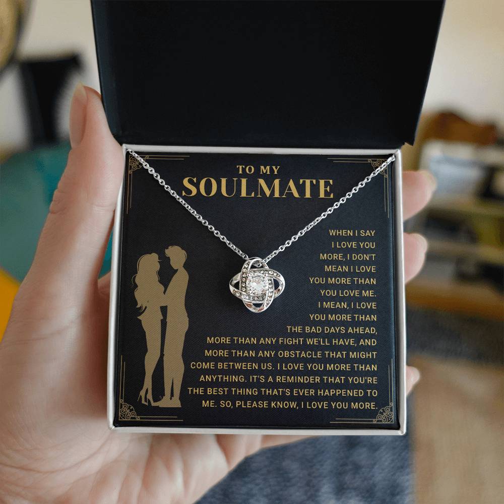 Gift the To My Soulmate Necklace with a heartfelt message card. Perfect love knot jewelry for anniversaries, birthdays, and Valentine's.