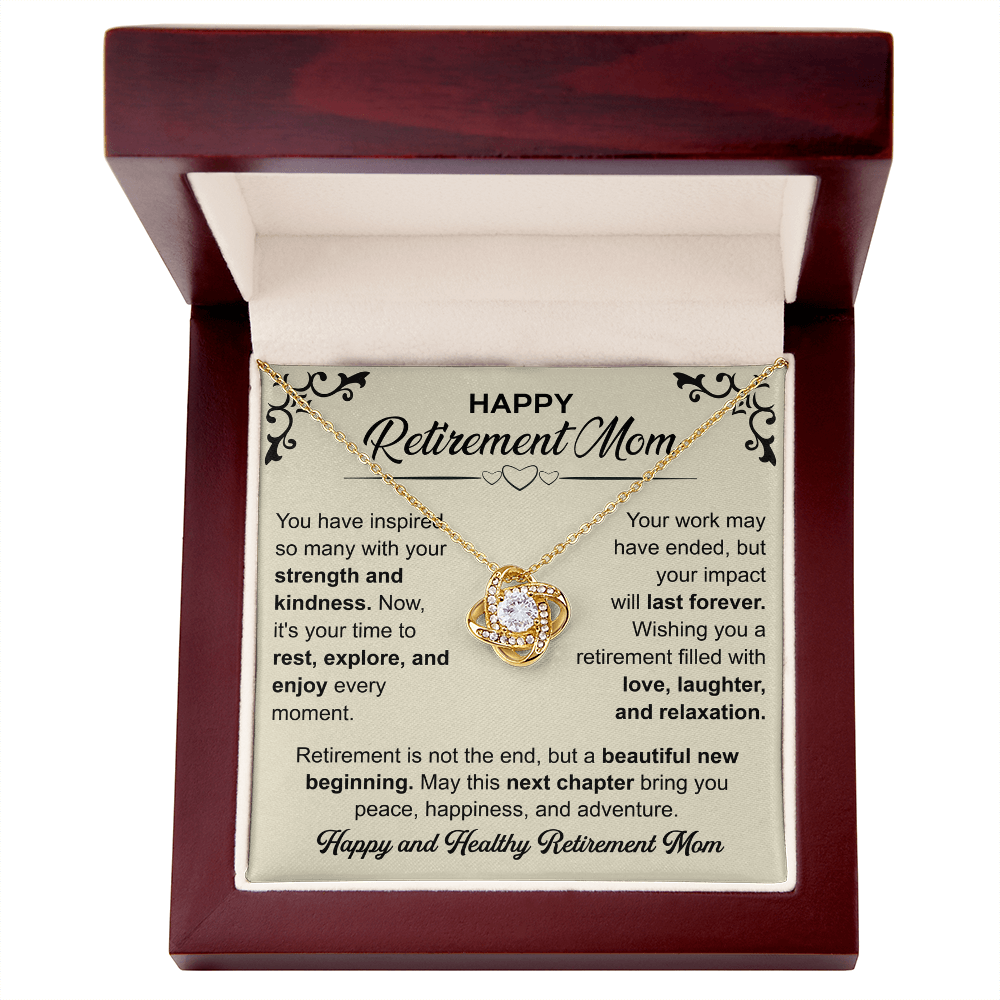 Love Knot necklace in a box with a heartfelt "Mom's Retirement" message, symbolizing love, gratitude, and new beginnings