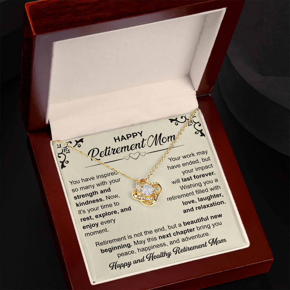 Love Knot necklace in a box with a heartfelt "Mom's Retirement" message, symbolizing love, gratitude, and new beginnings