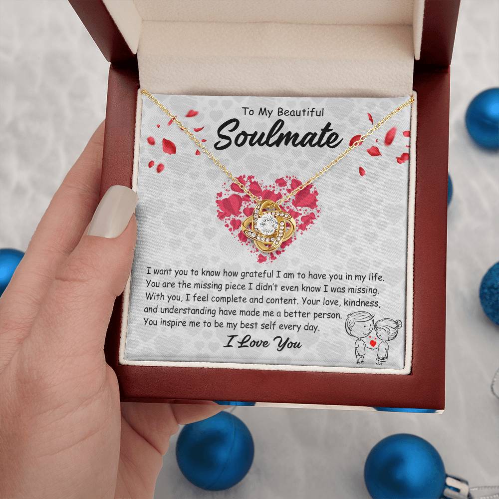 To My Soulmate Necklace for Women - Anniversary Romantic Gift for Girlfriend or Wife - Love Knot Stainless Steel Necklace with Message Card and Gift Box