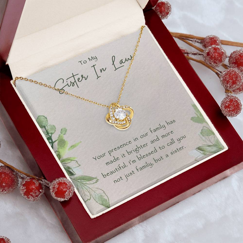 Sister-in-Law Gift, Celebrate your bond with the elegant Love Knot Necklace, featuring CZ crystals and a white gold or yellow gold finish. Perfect for birthdays, weddings, or Christmas.