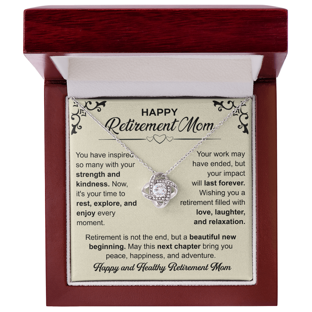 Love Knot necklace in a box with a heartfelt "Mom's Retirement" message, symbolizing love, gratitude, and new beginnings