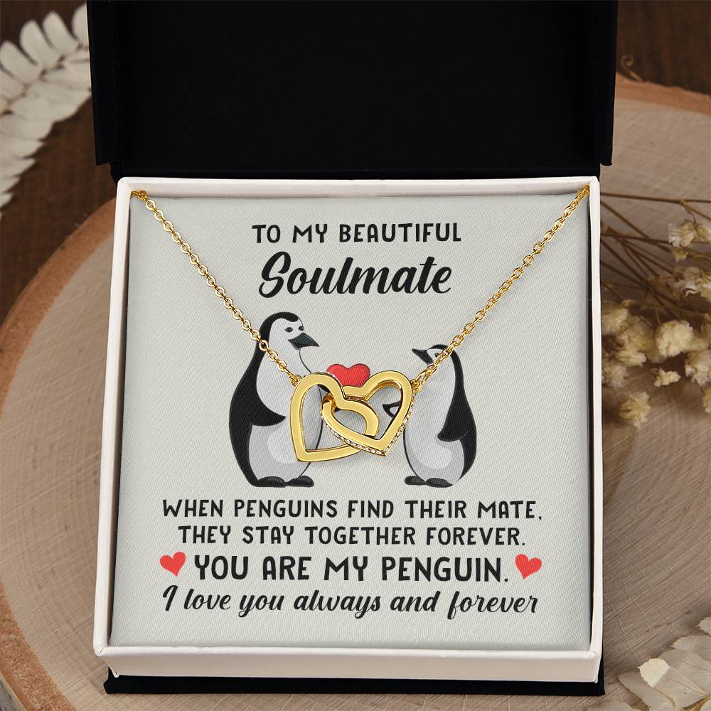 To My Soulmate You are my penguin Interlocked Heart Necklace 14k White or 18K Yellow Gold