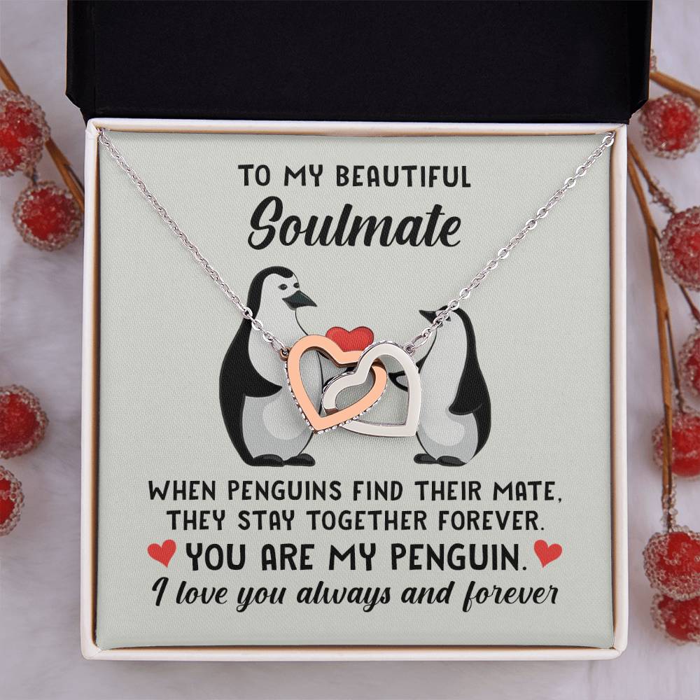 To My Soulmate You are my penguin Interlocked Heart Necklace 14k White or 18K Yellow Gold