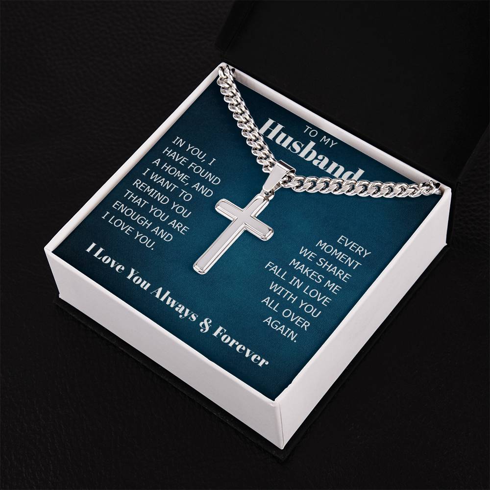 To My Husband Cuban Chain with Artisan Cross Necklace, Necklace for Him, Anniversary Gift For Husband, Romantic Birthday Gift for Boyfriend