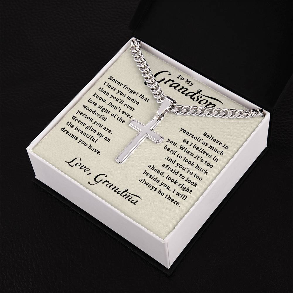 To My Grandson Necklace | Gifts From Grandma | Cross Cuban Link Chain | Jewelry Card for Him | Best Birthday, Christmas Gift Idea for Grandson