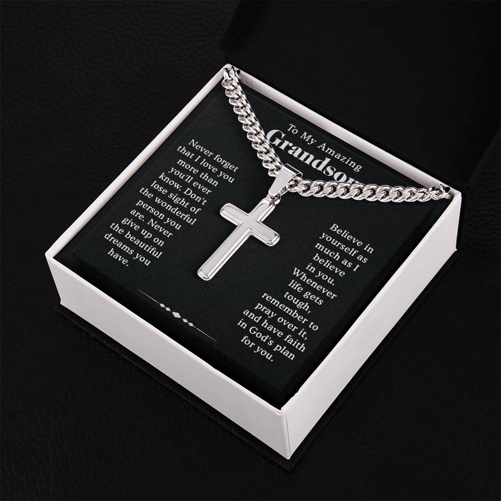 To Our Grandson Necklace From Grandma or Grandpa, Cross Cuban Link Chain, Birthday Graduation Christmas Gift for Grandson