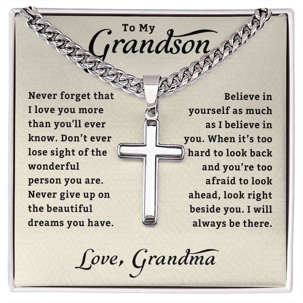 To My Grandson Necklace | Gifts From Grandma | Cross Cuban Link Chain | Jewelry Card for Him | Best Birthday, Christmas Gift Idea for Grandson