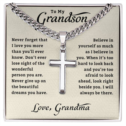 To My Grandson Necklace | Gifts From Grandma | Cross Cuban Link Chain | Jewelry Card for Him | Best Birthday, Christmas Gift Idea for Grandson