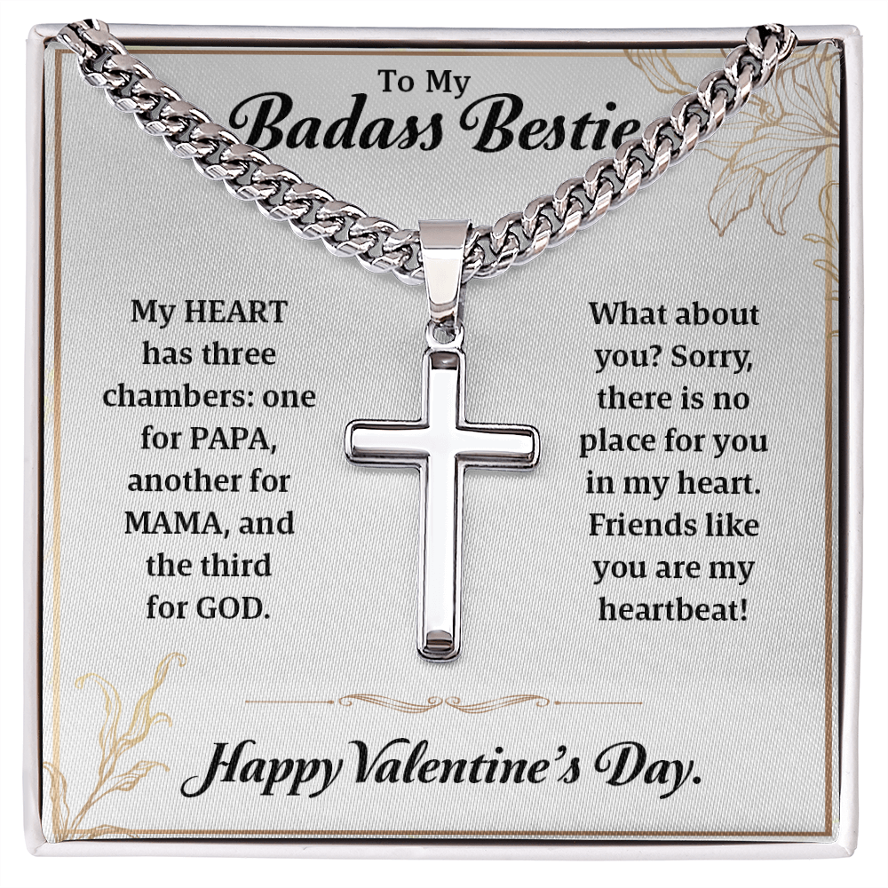 To My Badass Bestie – Cuban Link with Artisan Cross Necklace, Heartfelt Friendship Gift, Funny Best Friend Jewelry, Unique Valentine's Day Gift