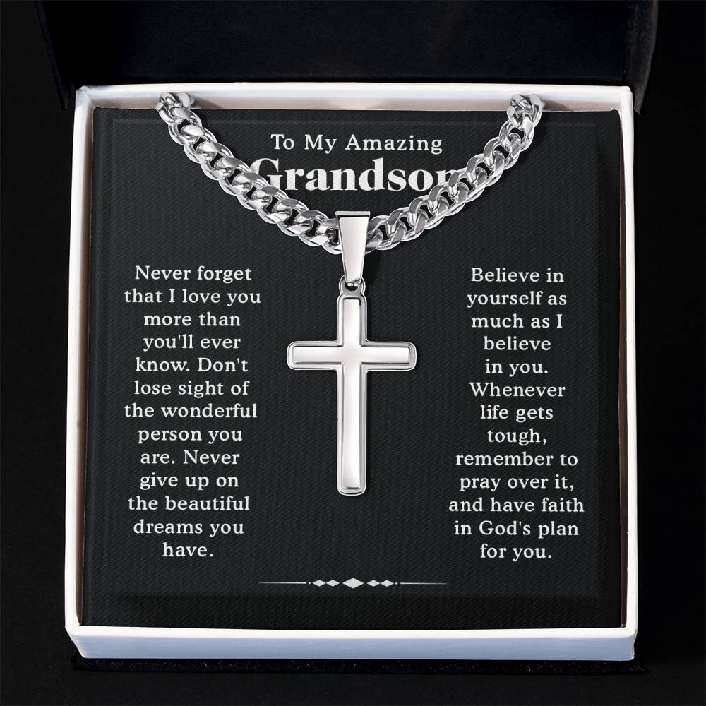 To Our Grandson Necklace From Grandma or Grandpa, Cross Cuban Link Chain, Birthday Graduation Christmas Gift for Grandson