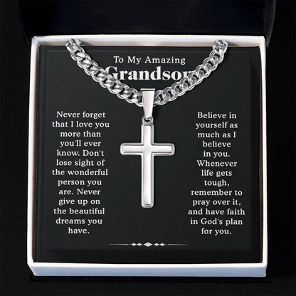 To Our Grandson Necklace From Grandma or Grandpa, Cross Cuban Link Chain, Birthday Graduation Christmas Gift for Grandson