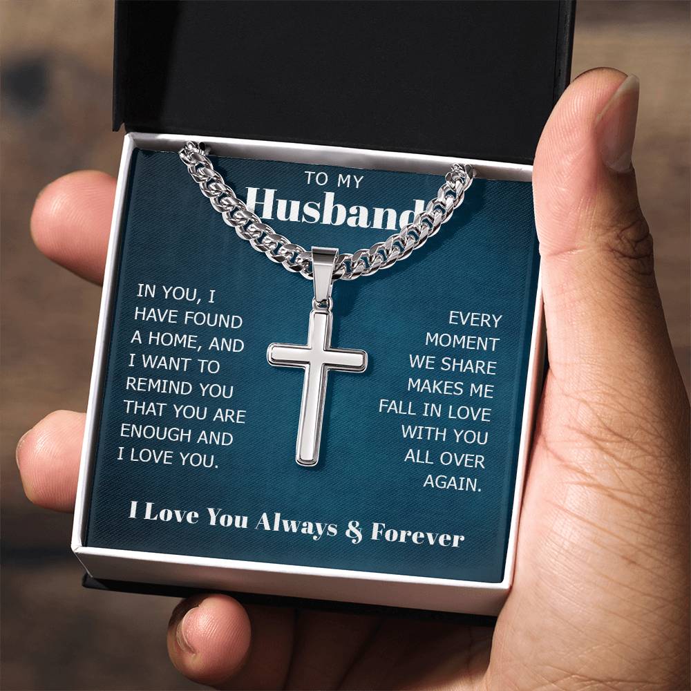 To My Husband Cuban Chain with Artisan Cross Necklace, Necklace for Him, Anniversary Gift For Husband, Romantic Birthday Gift for Boyfriend