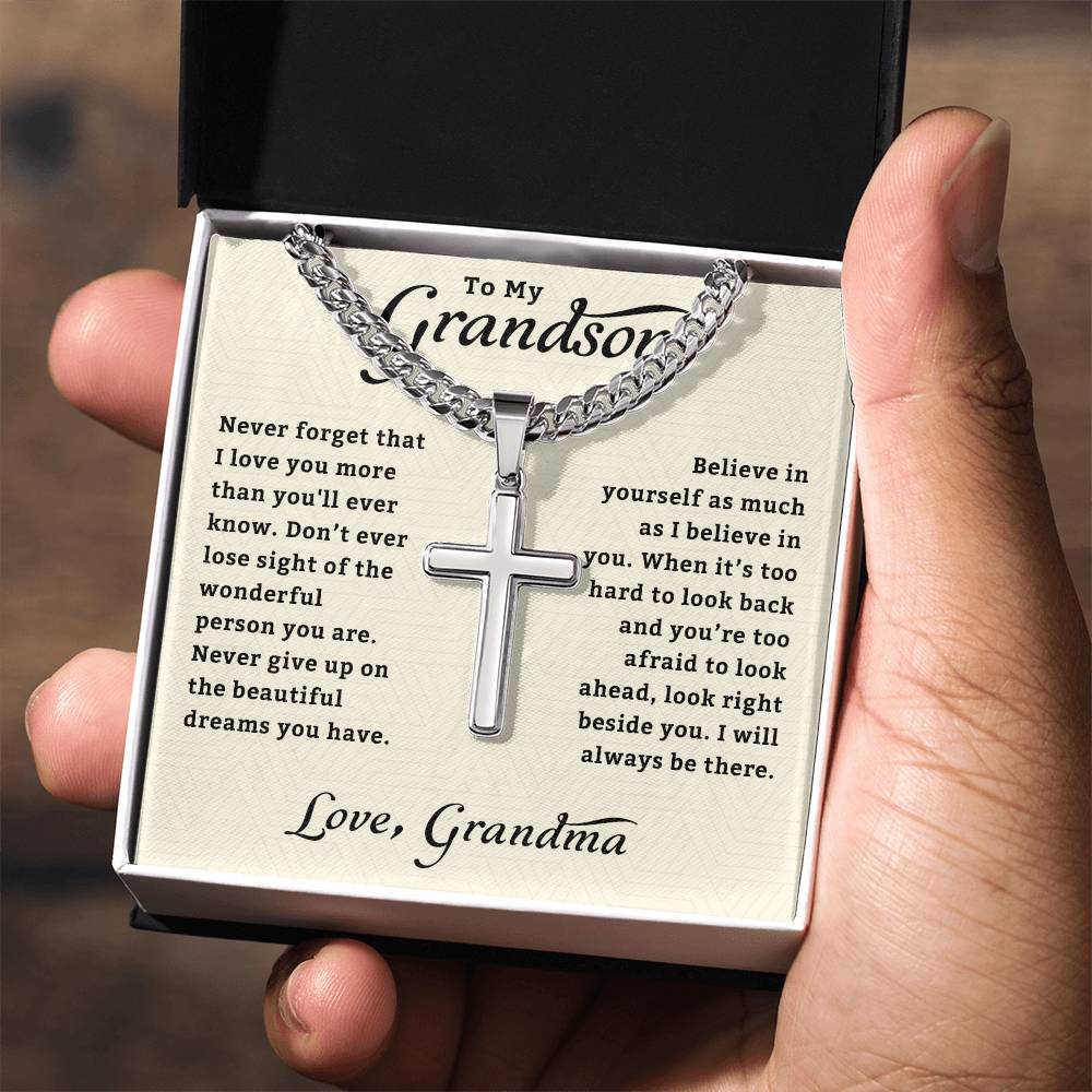 To My Grandson Necklace | Gifts From Grandma | Cross Cuban Link Chain | Jewelry Card for Him | Best Birthday, Christmas Gift Idea for Grandson