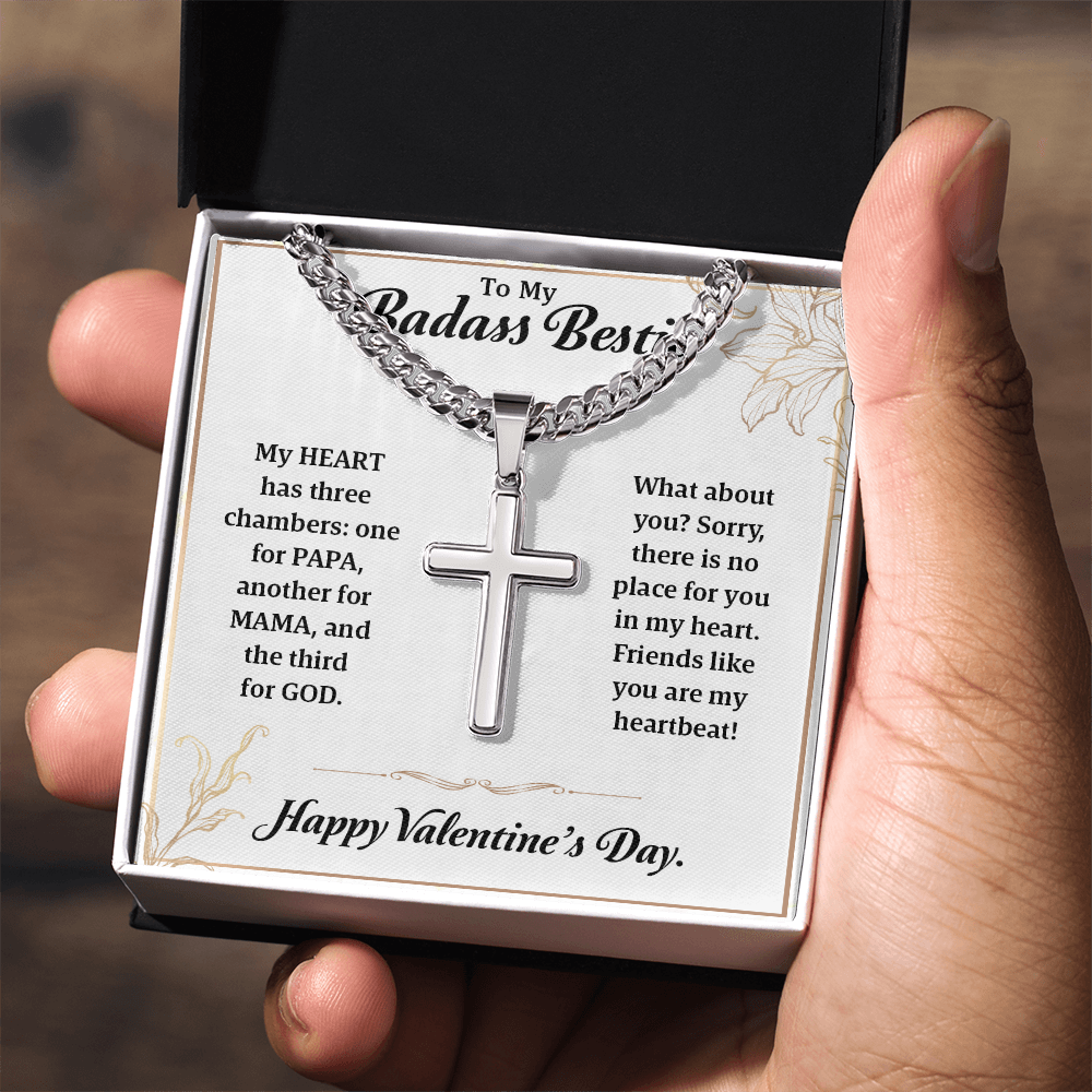 To My Badass Bestie – Cuban Link with Artisan Cross Necklace, Heartfelt Friendship Gift, Funny Best Friend Jewelry, Unique Valentine's Day Gift