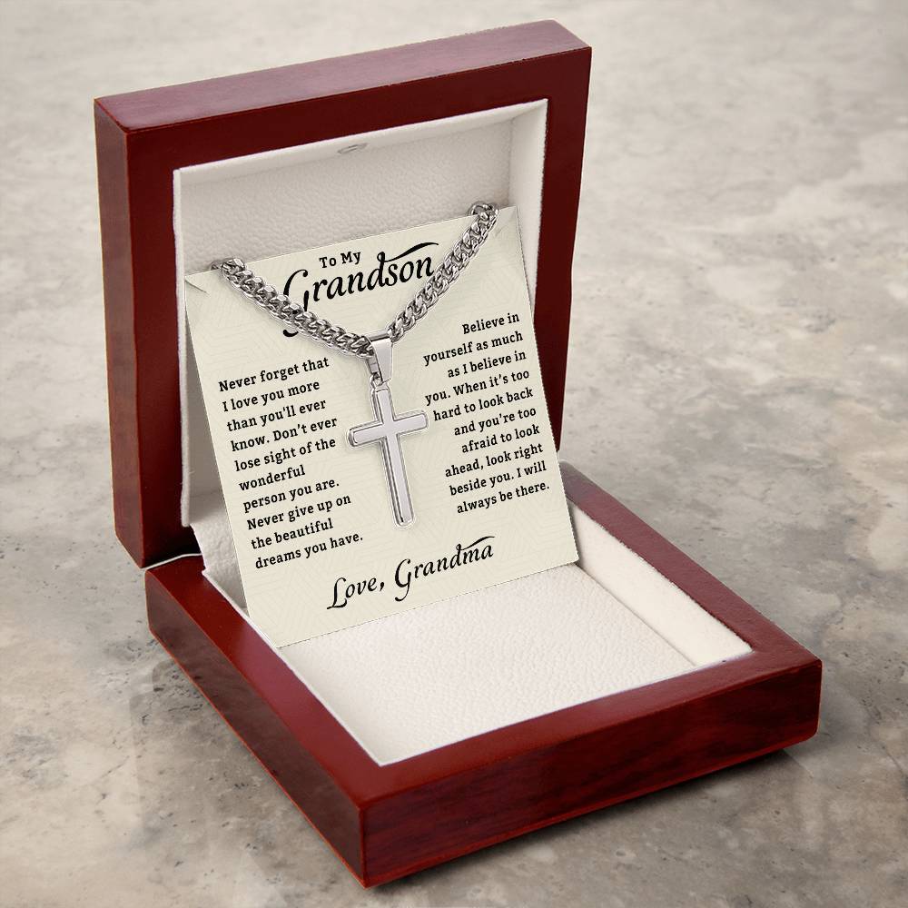 To My Grandson Necklace | Gifts From Grandma | Cross Cuban Link Chain | Jewelry Card for Him | Best Birthday, Christmas Gift Idea for Grandson