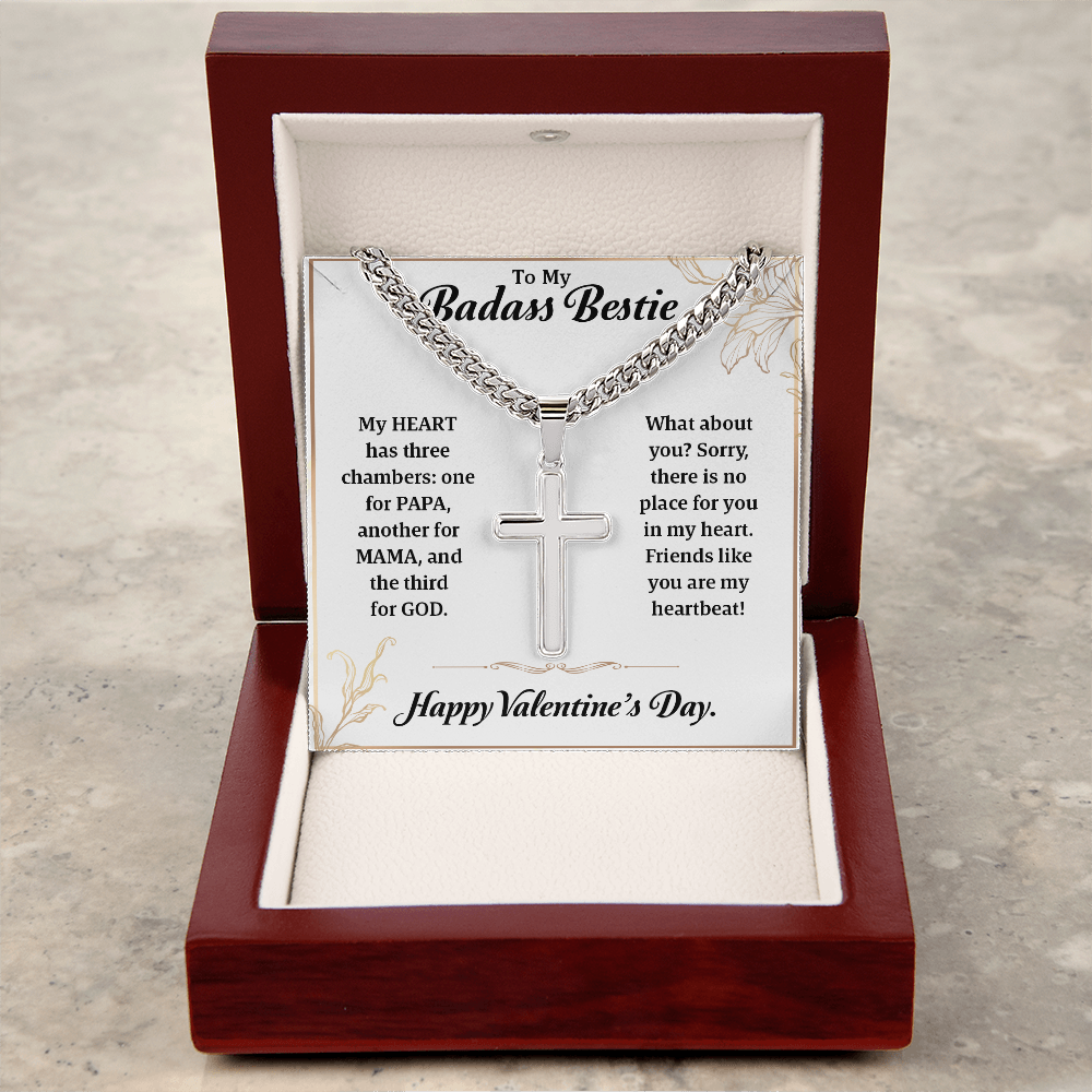 To My Badass Bestie – Cuban Link with Artisan Cross Necklace, Heartfelt Friendship Gift, Funny Best Friend Jewelry, Unique Valentine's Day Gift