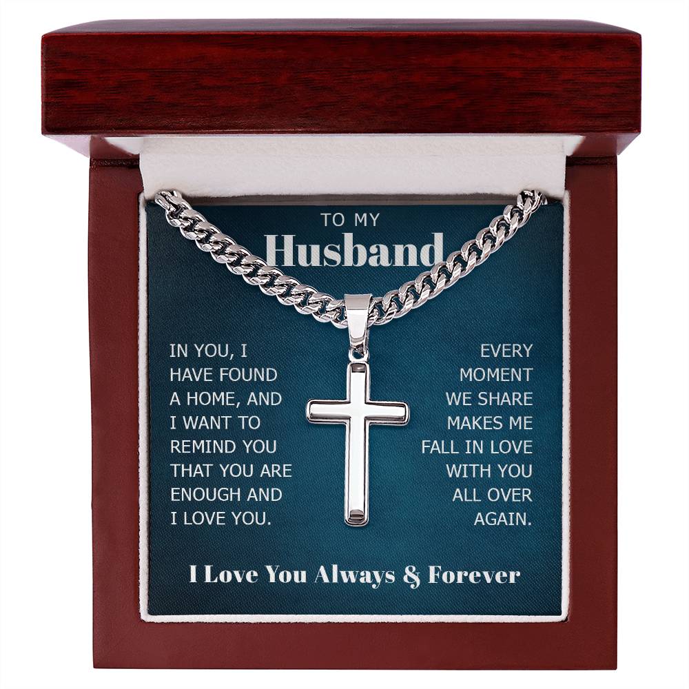 To My Husband Cuban Chain with Artisan Cross Necklace, Necklace for Him, Anniversary Gift For Husband, Romantic Birthday Gift for Boyfriend