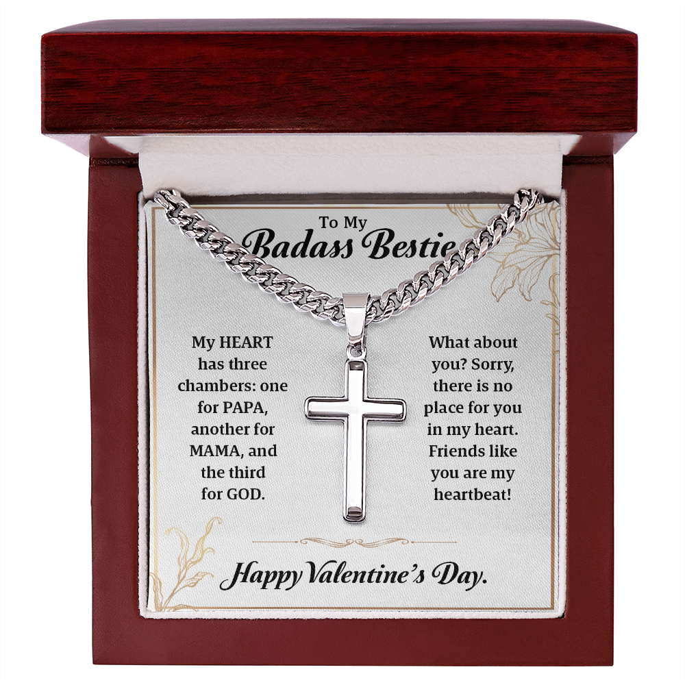 To My Badass Bestie – Cuban Link with Artisan Cross Necklace, Heartfelt Friendship Gift, Funny Best Friend Jewelry, Unique Valentine's Day Gift