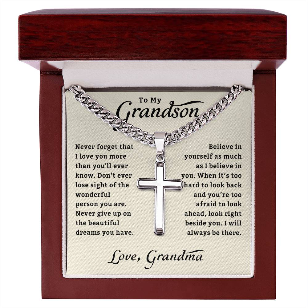 To My Grandson Necklace | Gifts From Grandma | Cross Cuban Link Chain | Jewelry Card for Him | Best Birthday, Christmas Gift Idea for Grandson