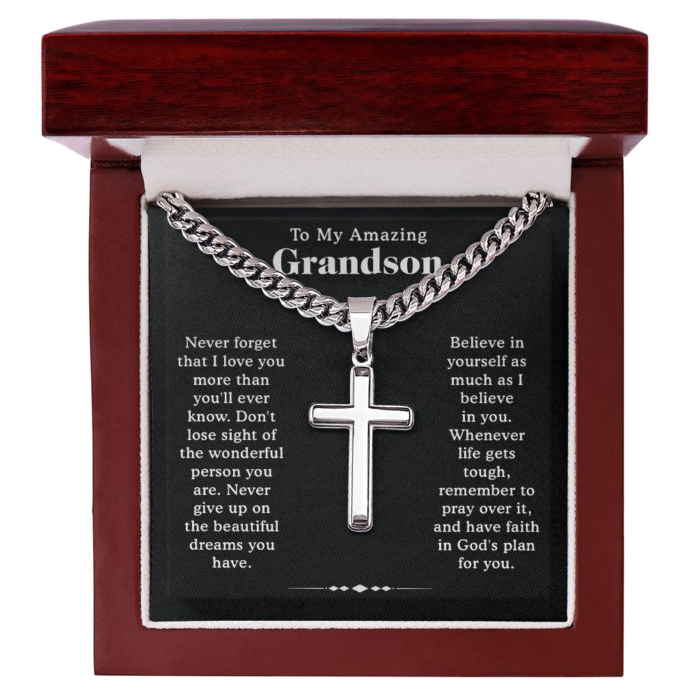 To Our Grandson Necklace From Grandma or Grandpa, Cross Cuban Link Chain, Birthday Graduation Christmas Gift for Grandson