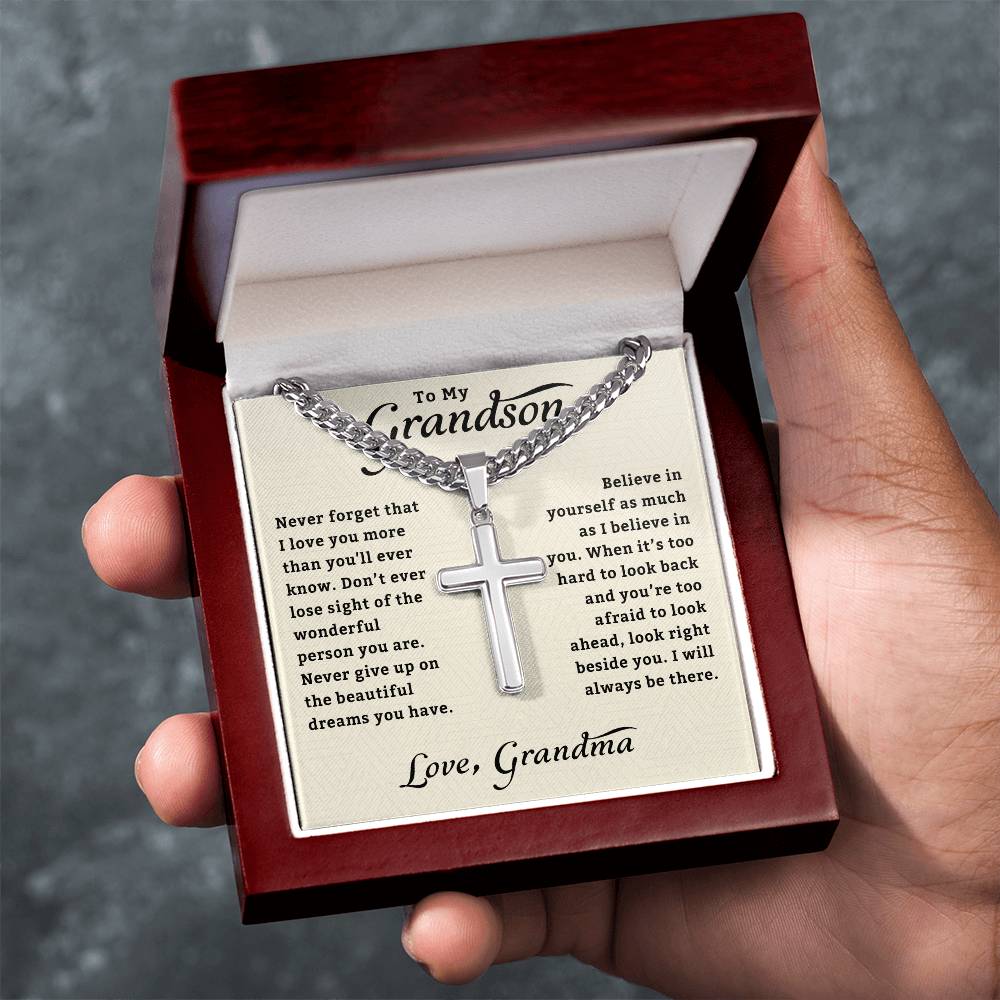 To My Grandson Necklace | Gifts From Grandma | Cross Cuban Link Chain | Jewelry Card for Him | Best Birthday, Christmas Gift Idea for Grandson